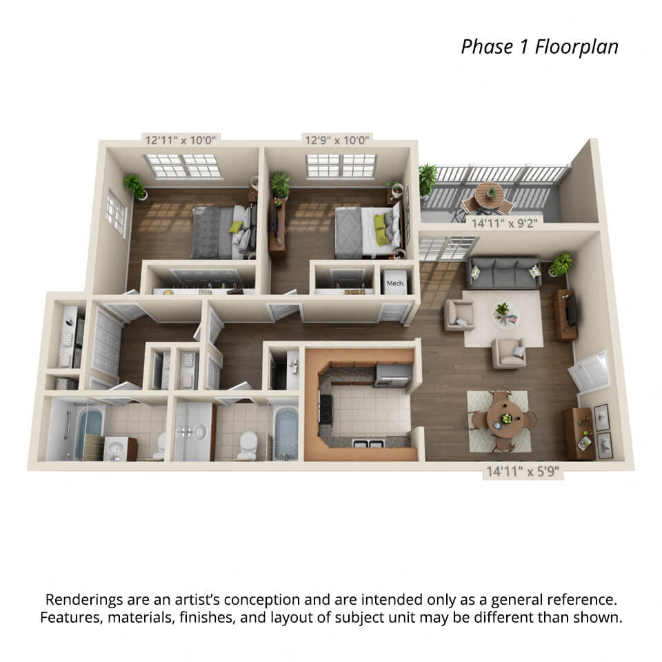 Floor plan for 2 beds, 2 baths, 1200 sqft